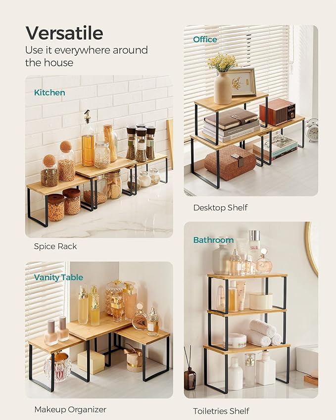 SONGMICS Cabinet Organizer Shelf, Set of 3 Kitchen Counter Shelves, Kitchen Storage, Spice Rack, Stackable, Expandable, Ink Black and Natural Beige UKCS014B01-Ruum Studio Home