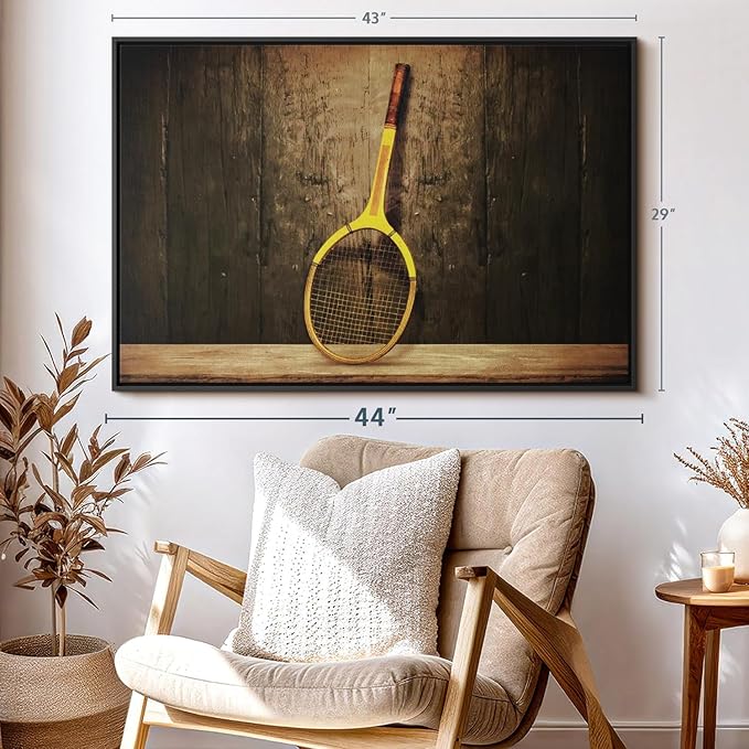 ElephantStock Vintage Tennis Racket Wall Art - Horizontal Framed Canvas - 1-Piece Living Room Wall Decor - Photography Sports Canvas Print - Brown and Black Decor for Wall - 43" X 29"-Ruum Studio Home