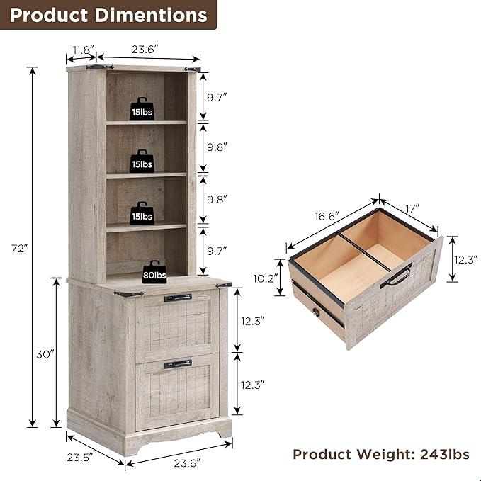 RedLemon Bookcase with 2 File Drawers, 72" Tall Farmhouse Bookshelf with Storage and Adjustable Shelves, 4 Tier Rustic Wood Bookshelf with Cabinet for Home Office, Living Room (Light Rustic Oak)-Ruum Studio Home