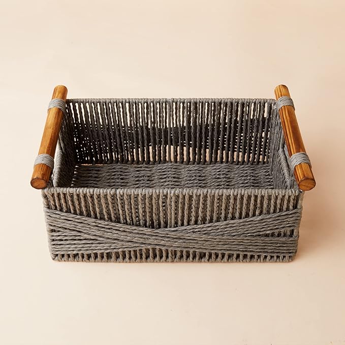 LA JOLIE MUSE Wicker Storage Baskets for Organizing, Recyclable Paper Rope Basket with Wood Handles, Decorative Hand Woven Basket Organizers for Makeup Books Shelves Living Room, Grey, Set of 2-Ruum Studio Home