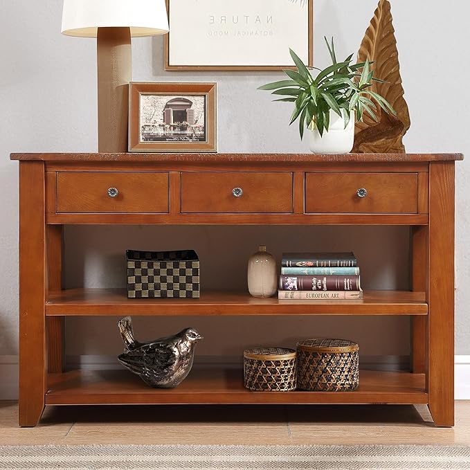 Farmhouse Wood Entry Console Table 48-Inch Modern Sofa Entryway Table with Drawers and Storage Shelves for Entrance Living Room (Brown)-Ruum Studio Home