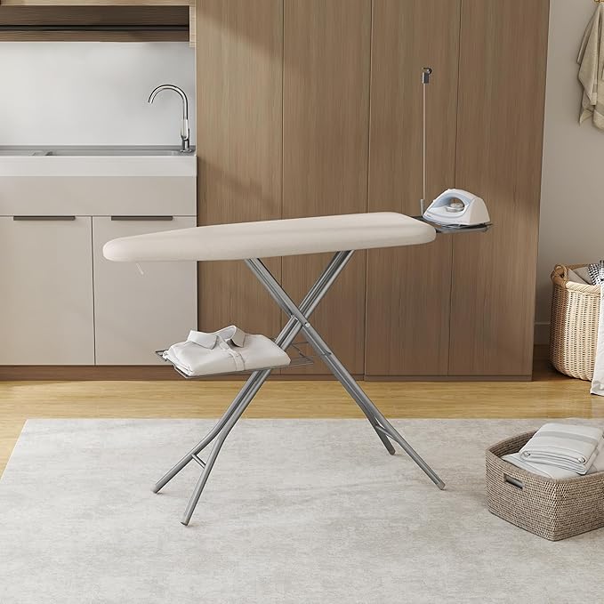 Yaheetech Ironing Board, Compact Iron Board with Cord Holder, Steam Iron Rest and Bottom Storage Tray, 9 Adjustable Heights & 3 Layer Cover, Folding Heavy Duty Ironing Board 52X14, Beige-Ruum Studio Home