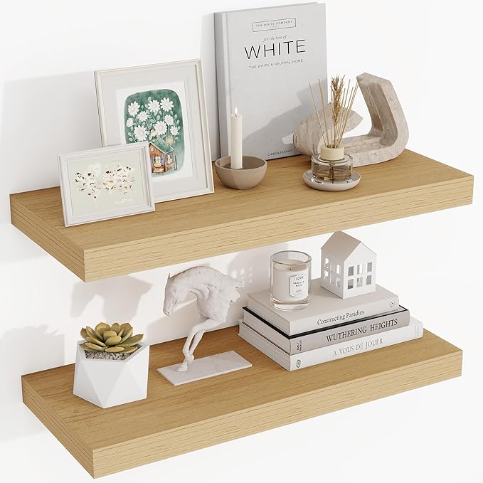 24 Inch Floating Shelves, 3D Textured Wood Grain, 24"x9.25"x1.5" Inch Deep Floating Shelves for Wall, Wooden Shelves for Bathroom, Bedroom, Living Room, Natural-Ruum Studio Home
