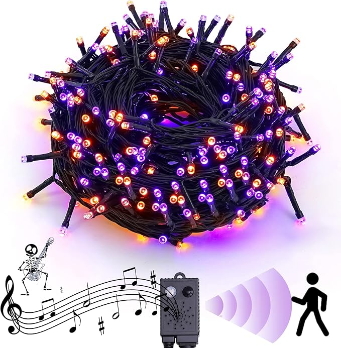 Rotu Halloween String Lights Outdoor with Music Sync Spooky Sounds 300 LED 114.8ft Indoor Fairy String Lights Waterproof Function for Halloween Party Haunted House Decorations (Purple & Orange)-Ruum Studio Home