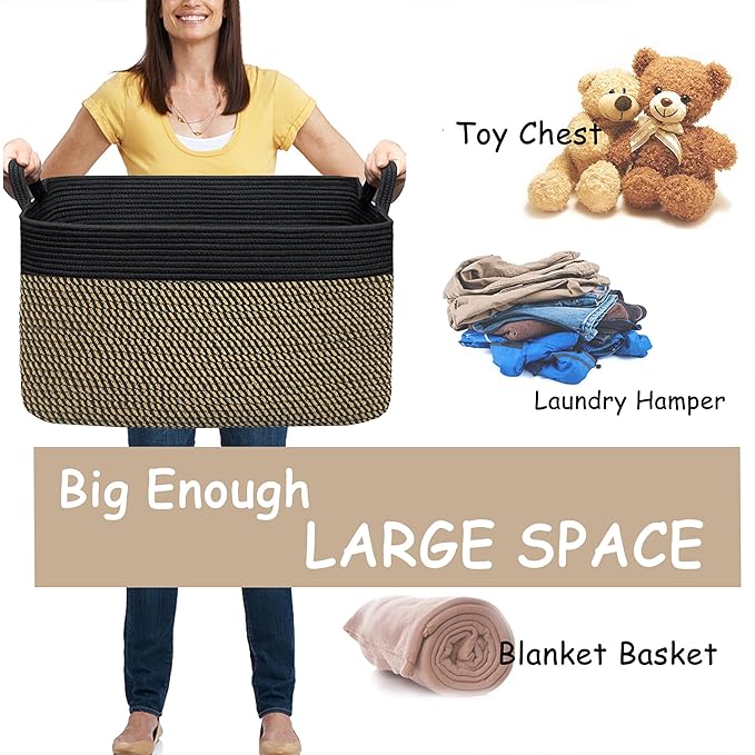 COMFY-HOMI Large Rectangular Blanket, Cotton Rope Woven for Storage, LaundryHamper, Storage,Toy Organizing Bin with Handle, Organizer and Storage-22x15x12-Black/Jute-Ruum Studio Home