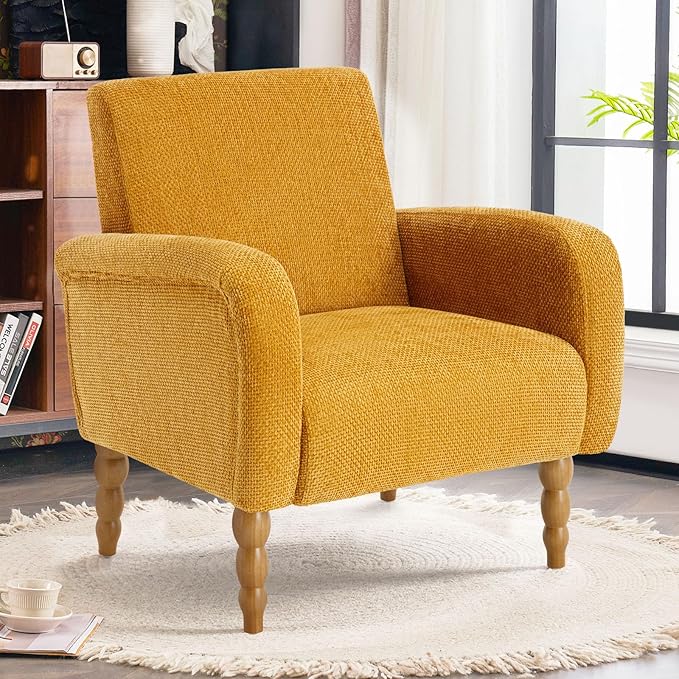 Chenille Fabric Accent Chairs Set of 2, Upholstered Armchair with Solid Wood Legs, Modern Living Room Accent Chair, Comfy Single Sofa Reading Club Chair for Bedroom Reception Lounge, Yellow-Ruum Studio Home