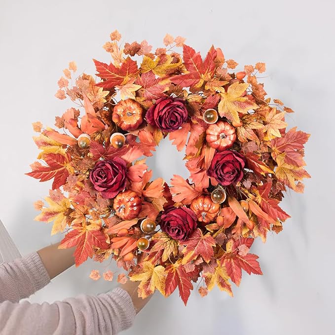 26'' Large Fall Wreath for Front Door, Autumn Wreaths for Outdoor Home Decor - Farmhouse Wreath with Maple Leaves, Pumpkins, Roses, Thanksgiving Decoration, Rustic Harvest Festival Door Hanging-Ruum Studio Home