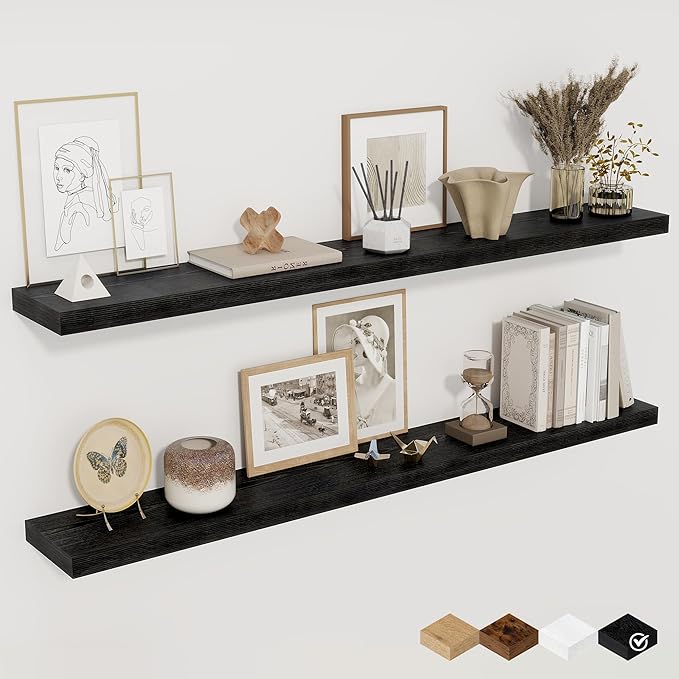 Floating Shelves for Wall, 48 Inch Floating Shelves for Home Decor, Wall Mounted Rustic Wood Shelves, Bathroom, Hanging Deep Shelf for Bedroom, Living Room, Kitchen (Black, Set of 2)-Ruum Studio Home