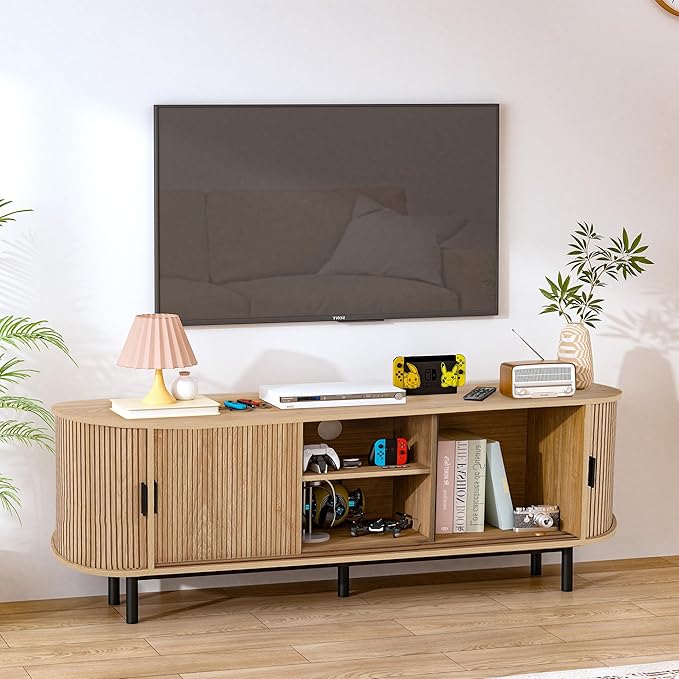 62" Tambour Door TV Stand,Wood Mid Century Modern TV Cabinet for Up to 75“ TV,Curved Edge Long TV Stand with Storage for Bedroom Living Room (Natural, 62.2inch)-Ruum Studio Home