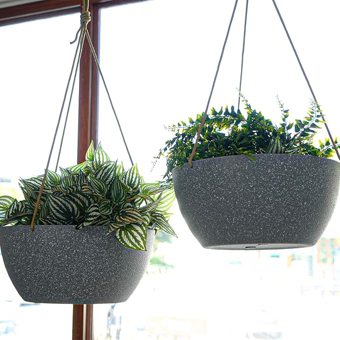 12 Inch 2 Pack Large Hanging Planters for Indoor Outdoor Plants, Plastic Hanging Basket Pots for House Plants Flowers, Grey-Ruum Studio Home