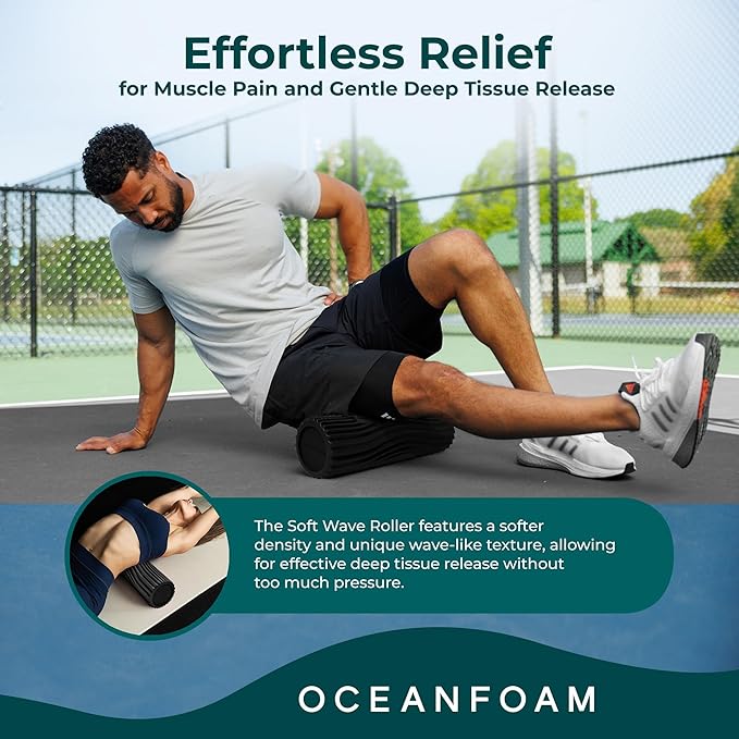 Oceanfoam Soft Tidal Roller (Black) - Low Density Foam Roller for Physical Therapy, Back Pain, Excercise & Stretching - Wave Textured - Yoga, Athletics, & Wellness - Full Size, 20" x 5"-Ruum Studio Home