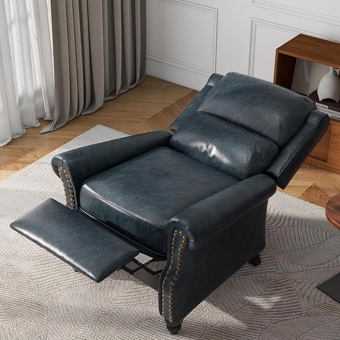 UIXE Pushback Recliner Chair, Faux Leather Armchair Overstuffed Accent Chair for Living Room, Rivet Trim Club Chair Home Theater Single Sofa Bedroom Side Reading Seat - Navy Blue-Ruum Studio Home