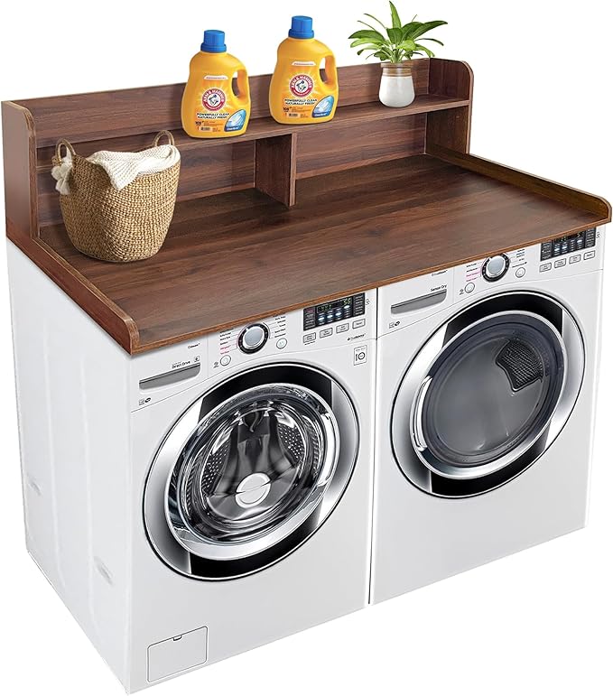 Royxen Laundry Countertop with 2-Tier Shelf Universal Fit, Washer and Dryer Countertop with Storage Space, Shelf Height 11.5 Inches, Walnut Color-Ruum Studio Home