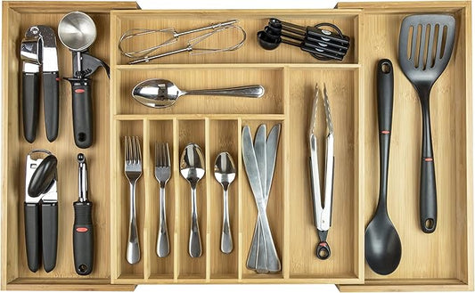 Premium Silverware, Flatware and Utensil Organizer for Kitchen Drawers, Food-Safe Contract Grade, Expandable from 16 to 28 In, Natural Bamboo-Ruum Studio Home