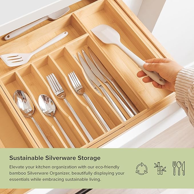 Premium Silverware, Flatware and Utensil Organizer for Kitchen Drawers, Food-Safe Contract Grade, Expandable from 16 to 28 In, Natural Bamboo-Ruum Studio Home