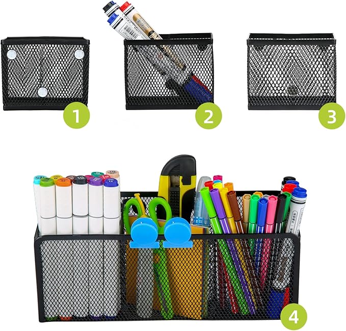 Neudeco Magnetic Pencil Holder, Locker Shelf Organizer, Metal Storage Basket for Whiteboard, Refrigerator, Ideal Cabinet for School, Black (Pack 4)-Ruum Studio Home