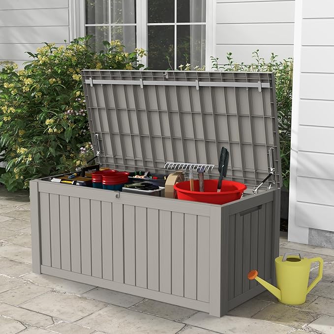 Mars Villa 119 Gallon Outdoor Storage Box Waterproof, Large Resin Deck Box for Pool Supplies Storage, Outdoor Patio Furniture Cushions, with Hydraulic Hinge, UV-Resistant and Weatherproof, Greige-Ruum Studio Home