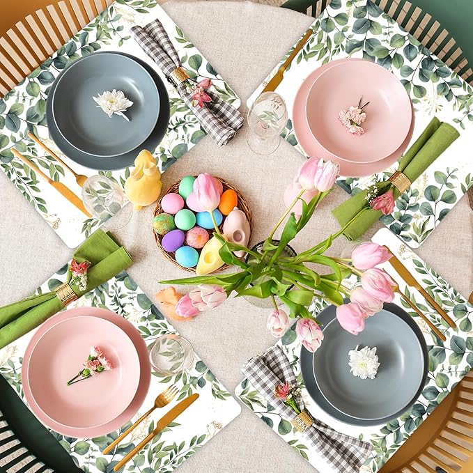 Eucalyptus Leaves Placemat Set of 6 Seasonal Summer Plastic Table Mats Spring Green Leaves Themed Place Mats Rustic Vintage Table Decoration for Indoor Outdoor Party Kitchen Dining-Ruum Studio Home