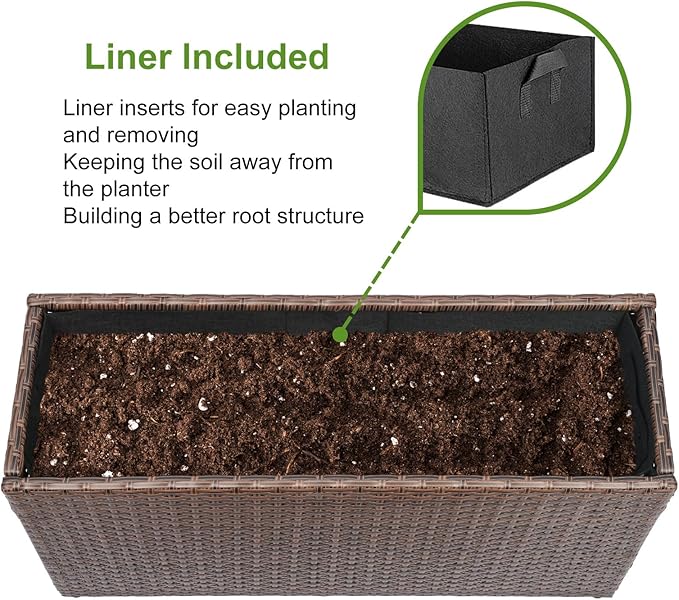 LEWIS&WAYNE Large Rectangular Block Planter Box Handmade Wicker Tall Planters for Outdoor Plants with Removable Liners Modern Planter for Indoor Outdoor Patio Deck - Brown, 30''x12''x16''-Ruum Studio Home