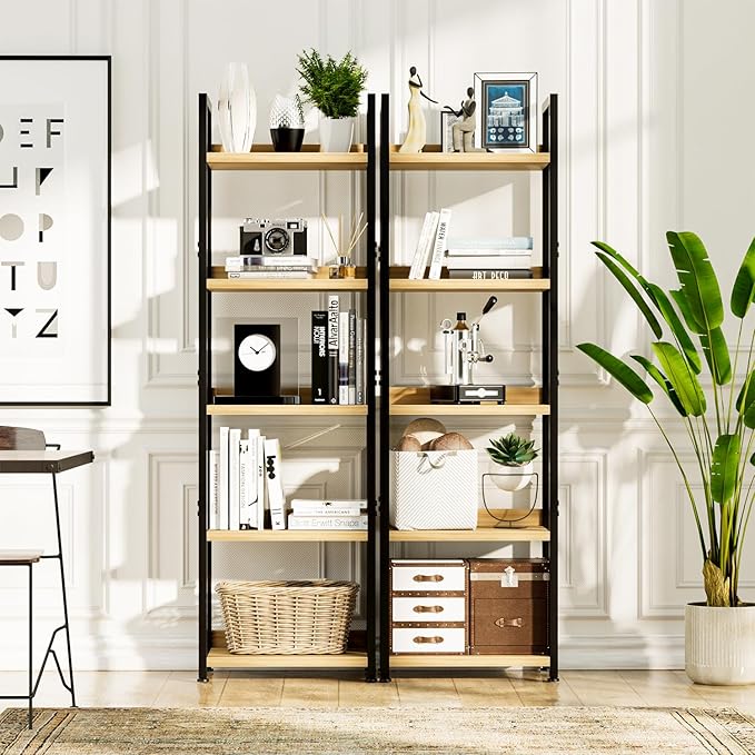 NUMENN Narrow Bookshelf, 5 Tier Bookshelves, Home Office Bookcase Shelf Storage Organizer, Free Standing Storage Shelving Unit for Bedroom, Living Room and Home Office, Natural-Ruum Studio Home
