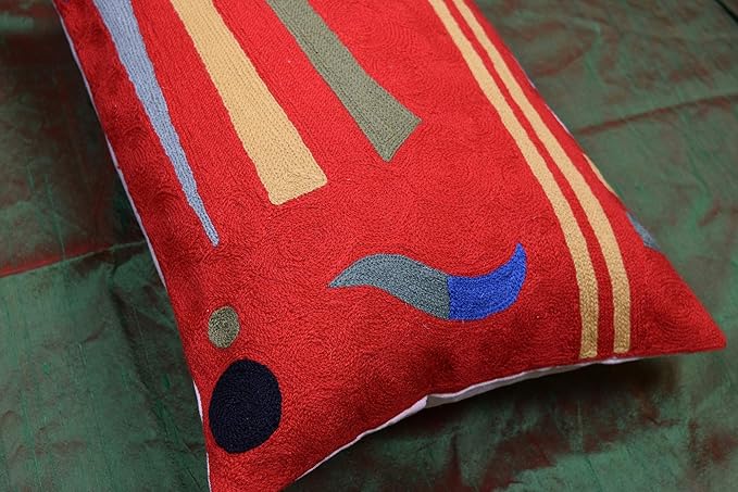 Lumbar Kandinsky Red Abstract Pillow Cover Modern Throw Pillowcase Chair Cushion Contemporary Farmhouse Pillowsham Couch Handembroidered Wool Size 14x20-Ruum Studio Home