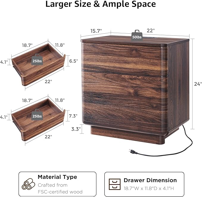 JXQTLINGMU 22" Modern Nightstand with Charging Station, Large Push-to-Open End Table, Wood Bedside Table w/Curved Profile Design, Handleless 3 Drawer Night Stand for Bedroom, Living Room, Brown-Ruum Studio Home