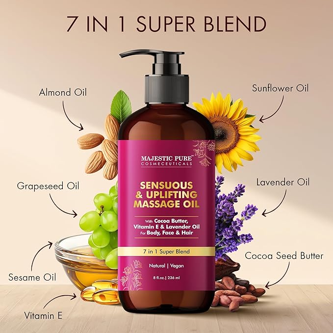 MAJESTIC PURE Cocoa Massage Oil for Massage Therapy - Refreshing, and Relaxing - Natural Oils with Cocoa Butter, Vitamin E & Lavender Oil - for All Skin Types - Men and Women - 8 fl oz-Ruum Studio Home