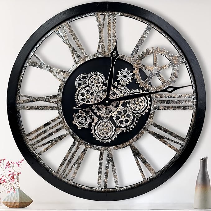 The B-Style 36" Large Moving Gear Wall Clock Oversized Vintage Farmhouse Wall Clocks for Living Room Decor Rustic Industrial Wood Clock (Black and Bronze)-Ruum Studio Home
