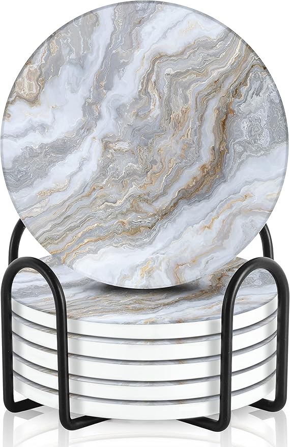 Emerson Coasters for Drinks Absorbent – Natural Stone Drink Coasters Set with Holder, Coasters for Coffee Table, Wooden Tabletop Protection Marble Style – 100% Heavy Duty Set of 6 (Sky)-Ruum Studio Home