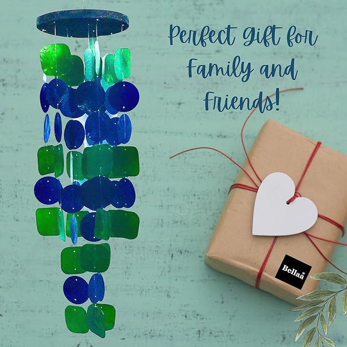 Bellaa 24858 Wind Chimes Outdoor, Garden Decorations, Musical, Indoor/Outside Windchimes, Beach, Ocean Breeze, Gifts for Mom, Gift for All Occasions, Capiz Sea Glass Shells Wood 27 inch Green Blue-Ruum Studio Home