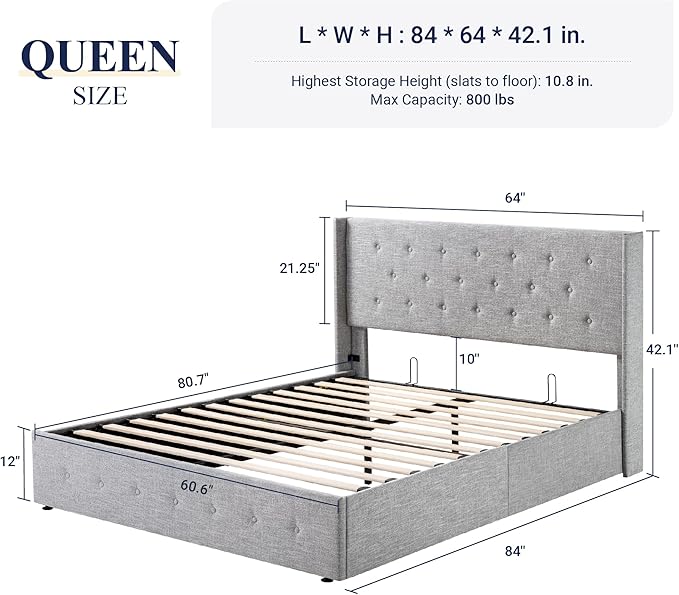 Allewie Queen Size Lift Up Storage Bed, Button Tufted Headboard with Wingback, Hydraulic Support, No Box Spring Needed, Light Grey-Ruum Studio Home