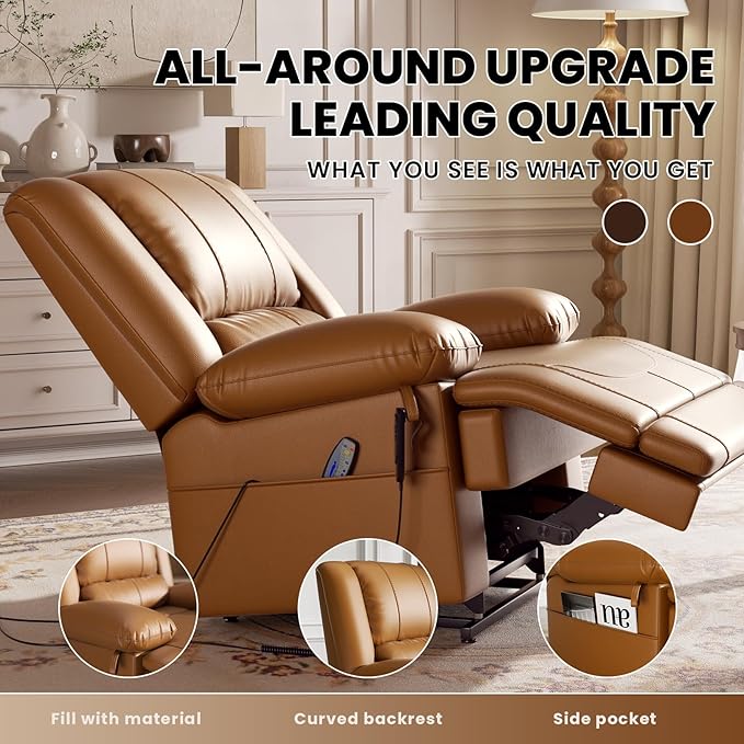 Large Dual Motor Power Lift Recliner Chair with Massage and Heat for Elderly People, Infinite Position,USB Ports and Remote Control,Breathable Leather (Light Brown)-Ruum Studio Home