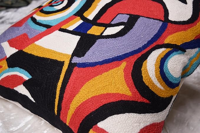 Kandinsky Improvisation Modern Decorative Pillow Cover Black Abstract Toss Pillows Farmhouse Chair Cushion Contemporary Pillow Mid-Century Chair Cushions Hand Embroidered Pillow Wool Size 18x18-Ruum Studio Home