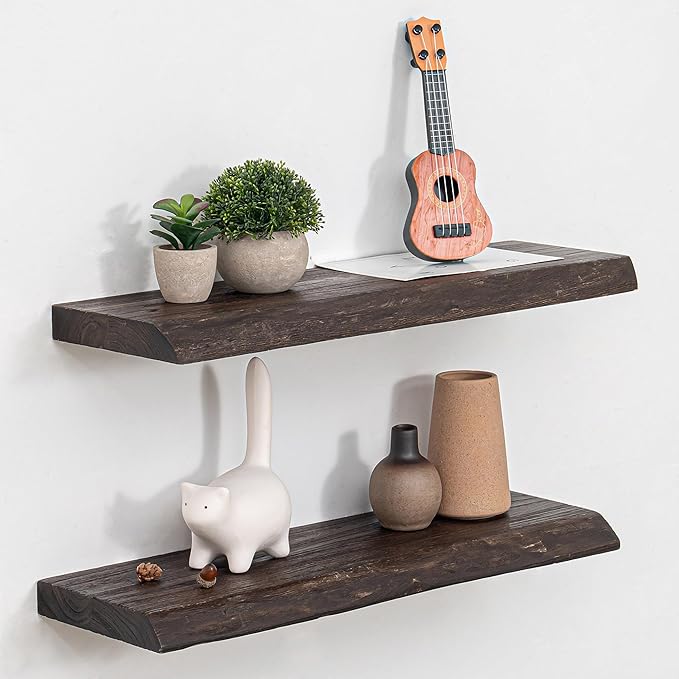 Fun Memories Floating Shelves for Wall, 24 Inhc Floating Shelves Wall Mounted, Rustic Live Edge Elm Wood Shelf, Heavy-Duty Storage Shelves for Books, Bathroom, Kitchen, Walnut Finish, Set of 2-Ruum Studio Home