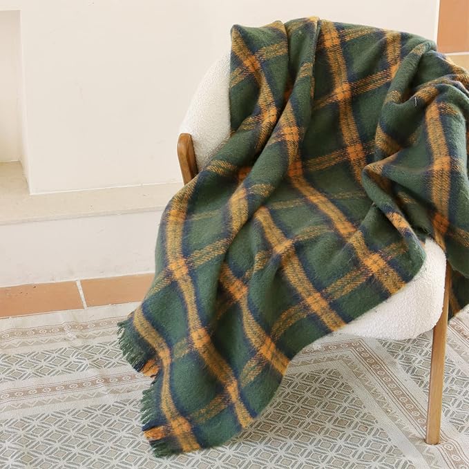 ZonLi Green Plaid Throw Blanket for Couch, Fall Plaid Blanket for Home Decor, Soft Lightweight Cozy All Season Decorative Vintage Blankets with Tassel for Bed and Sofa, 50'' x 60''-Ruum Studio Home