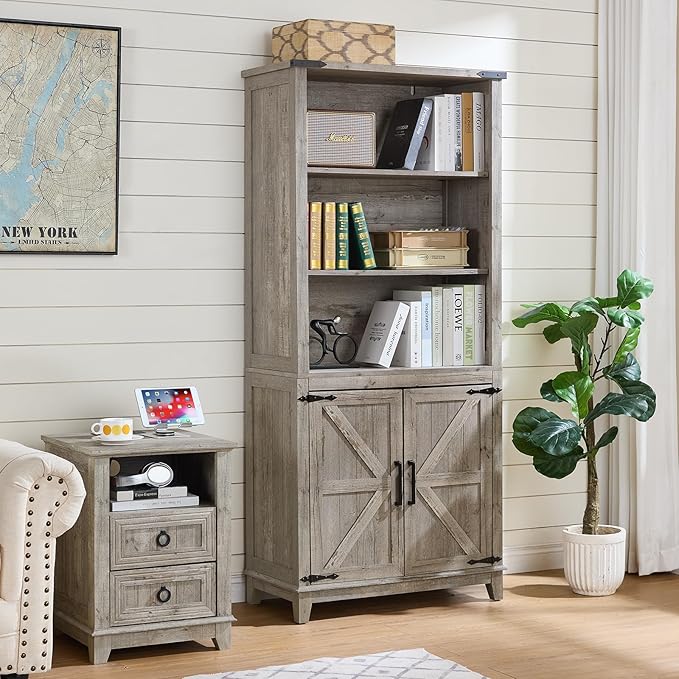 70in Tall Bookshelf 5 Tier Bookcase with Barn Doors and Adjustable Shelves, Grey Farmhouse Book Shelf with Storage Cabinet, Wood Freestanding Display Bookshelves for Bedroom, Living Room-Ruum Studio Home