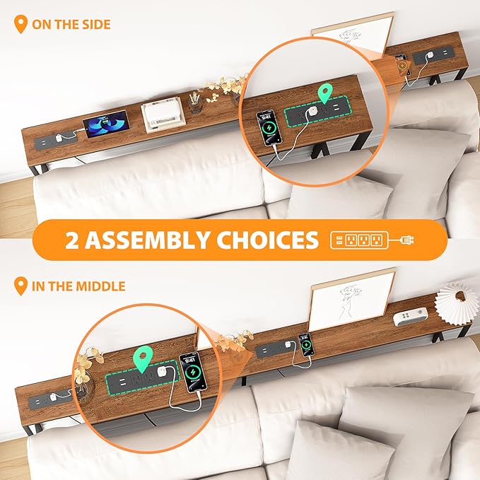 Narrow Sofa Table with 2 Power Outlets, 71” Thin Console Tables Narrow Long, Behind Couch Table Skinny, Wood Console Tables for Entryway, Living Room, Hallway, Foyer, Rustic Brown-Ruum Studio Home