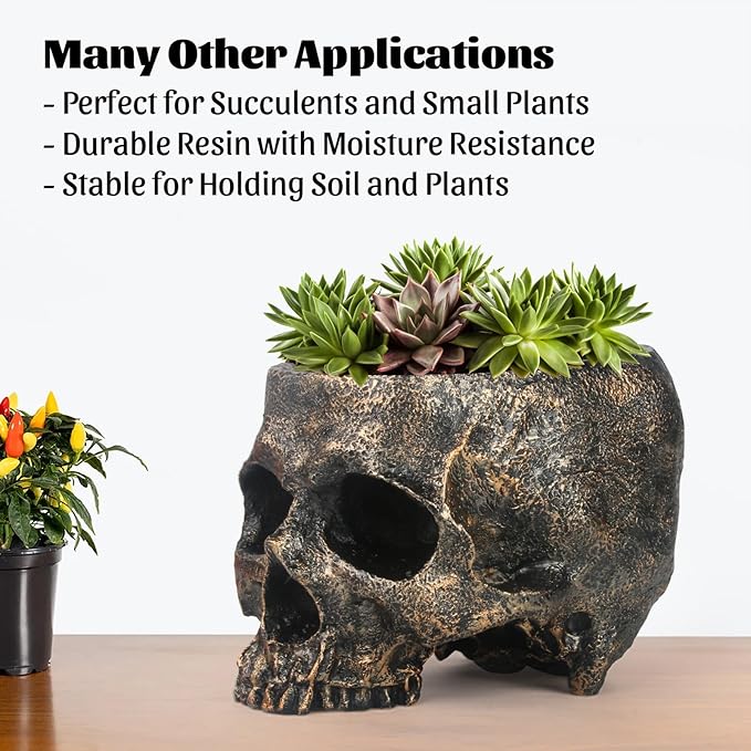 GameXcel Halloween Skull Candy Dish - Large Skull Candy Bowl for Trick or Treat - Skeleton Head Treat Container Planter or Desktop Halloween Decor - Bronze Resin-Ruum Studio Home