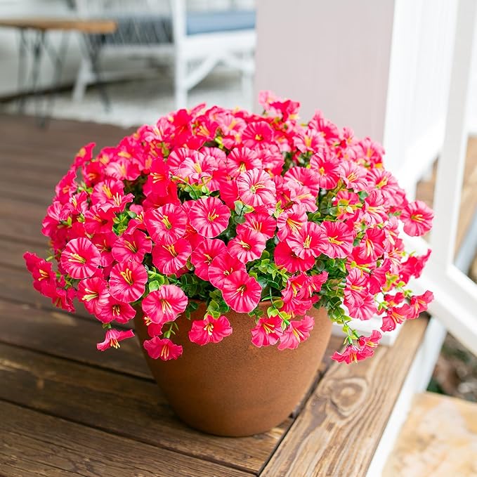 Artificial Flowers for Outdoors Fake Plants Outside Decoration, 12 Bundles Silk Hot Pink Morning Glory UV Resistant Look Real Faux Flowers for Planter Front Door Porch Patio Yard Gardens Home-Ruum Studio Home