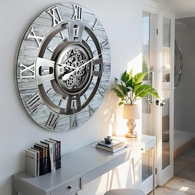 The Gears Clock Real Moving Gear Wall Clock England Line (Silver Grey, 24 inches (60 cm))-Ruum Studio Home