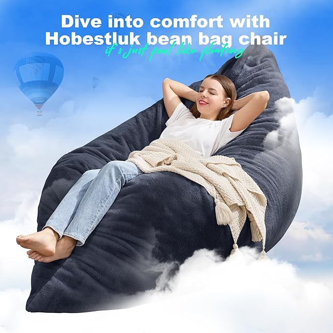 Hobestluk 3 in 1 Bean Bag Chair Giant Bean Bag Chairs for Adults with Plush Faux Fur Cover Convertible Bean Bag Floor Cushion with Machine Washable Cover for Living Room (Plush Dark Grey)-Ruum Studio Home
