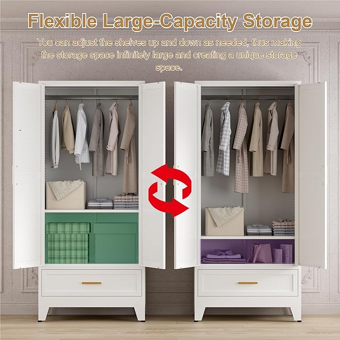 71'' Farmhouse Metal Wardrobe Cabinet with Hanging Rod, 2 Barn Door Wardrobe Closet with Adjustable Shelves,Drawer,for Dining Room,Bedroom,Living Room, Cloak Room,Office (White)-Ruum Studio Home