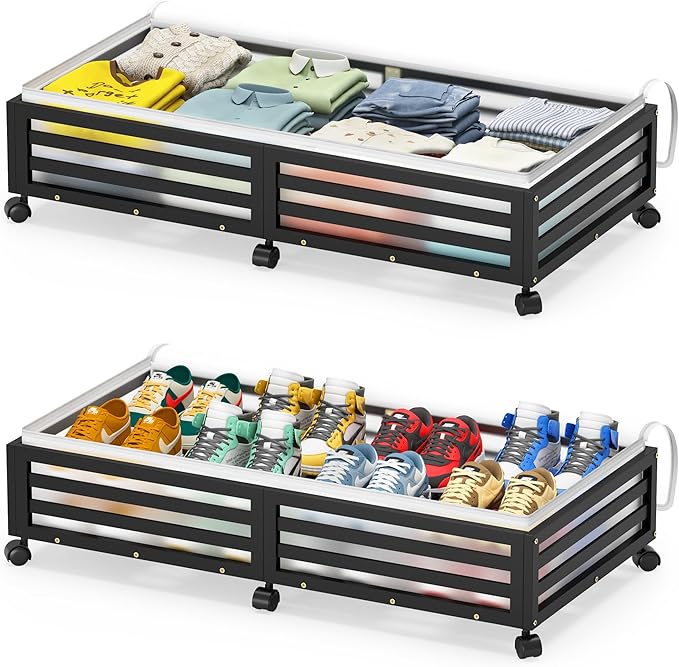 Under Bed Storage Containers With Wheels - 2 Pcs Large Bamboo Wood Rolling Underbed Shoe Storage Bins With Dust Bags for Clothes Blankets, Duvet Covers Snacks Toys (Black)-Ruum Studio Home