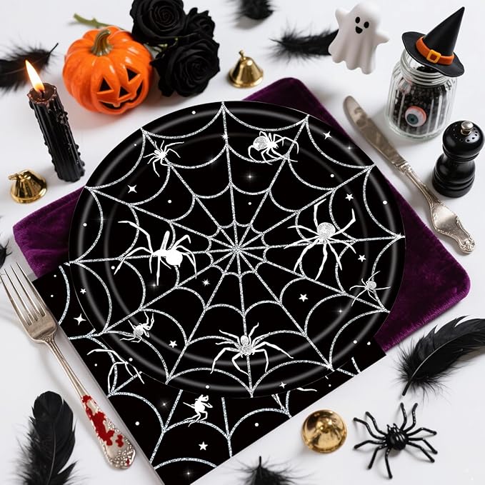 40Pcs Halloween Paper Plates and Napkins Party Supplies, Spider Web Plates Napkins Disposable Dinnerware Set for Spooky Halloween Party Decorations-Ruum Studio Home