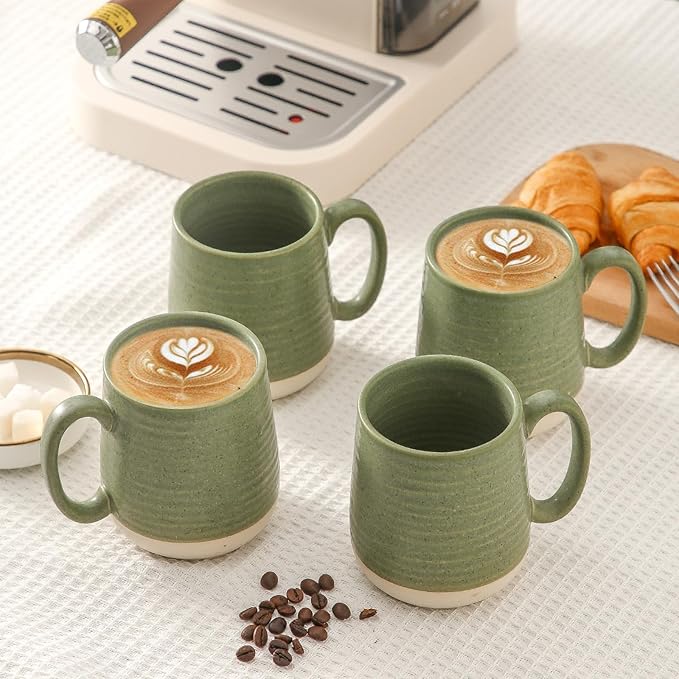 Large Ceramic Coffee Mugs Set - 15 OZ Porcelain Coffee Latte Cups Set of 4 with Handle Perfect for Cappuccino, Tea, Mocha, Hot or Cold Drinks, Unique Glaze Design for Home, Cafe and Coffee Bar, Green-Ruum Studio Home