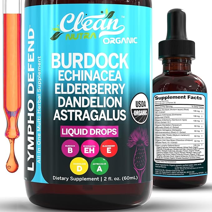 Organic Lymphatic Drainage Supplement | Lymphatic Support Drops | Burdock Root Echinacea Elderberry Dandelion Astragalus Milk Thistle Sea Moss Red Clover Cleanse Marigold Drop by Clean Nutra-Ruum Studio Home