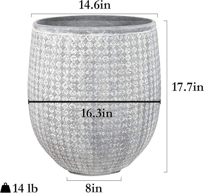 Worth Garden Large Grey Round Planter – 14.5" Dia x 17.5" H Lightweight Magnesium Oxide Cement Plant Pot with Texture – Raised Pattern Concrete Look – Drainage Hole – Indoor & Outdoor Use-Ruum Studio Home