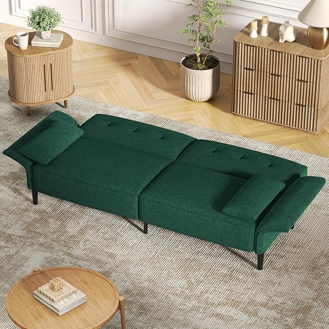 89” Futon Sofa Bed, Velvet Fabric Comfy Futon Couch Bed with 2 Square Pillows, Convertible Sleeper Sofa with Adjustable Backrest& Armrests, Modern Loveseat Sleeper for Living Room, Bedroom-Ruum Studio Home