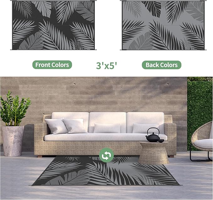 GENIMO Outdoor Rug 3' x 5' Waterproof for Patios Clearance, Reversible Outdoor Plastic Straw Camping Rug Carpet, Large Area Rugs Mats for RV, Camper, Deck, Balcony, Porch, Beach, Picnic, Black&Grey-Ruum Studio Home