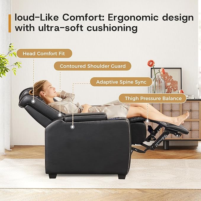 ANJ Power Home Theater Seating Set of 2, PU Leather Electric Recliner Chair with Powered Headrest, Dual Motors Movie Reclining Chairs with LED Lights,USB Port, Cup Holders, Hidden Arm Storage (Black)-Ruum Studio Home